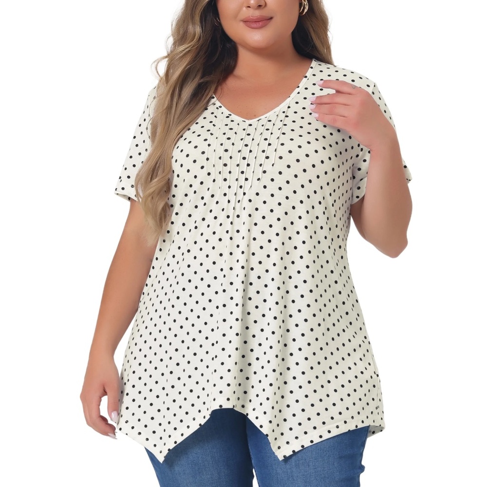 Plus Size T-shirt V Neck Short Sleeve Polka Dots Asymmetric Top Size: 2X